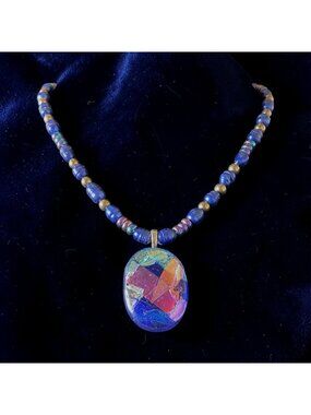 Baroque Freshwater Pearl & Iridescent Art Glass Pendant Necklace Blue/Pink/Gold
